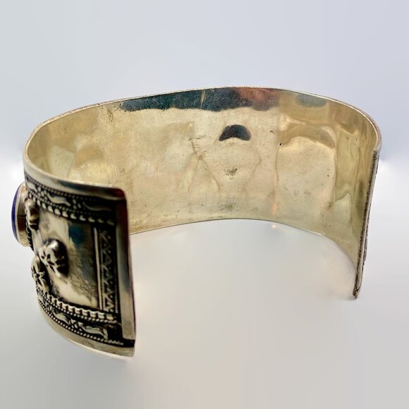 Vintage Lapis Bracelet Afghan: Middle Eastern Kuchi Embossed Silver Cuff Boho - Picture 5 of 5